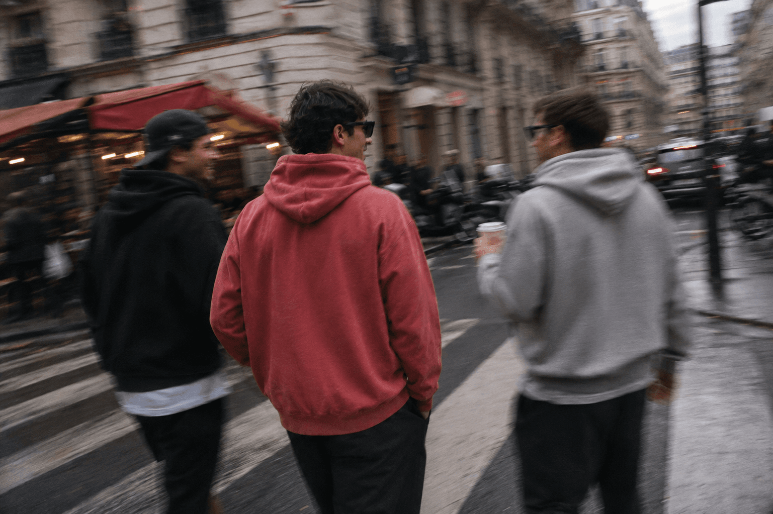 Washed Red Hoodie — worn, candid